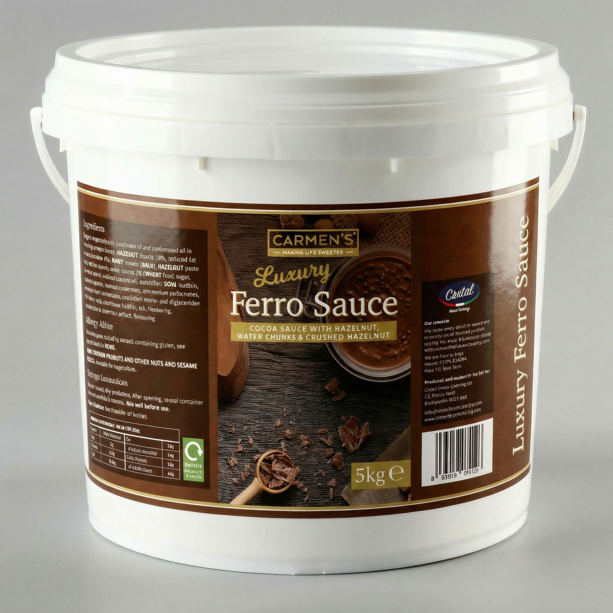 Carmen's _ Luxury Fererro Rocher Creamy spreadable Sauce, Cocoa Cream with Hazelnut, Wafer Chunks and Crushed hazelnut _ 5kg