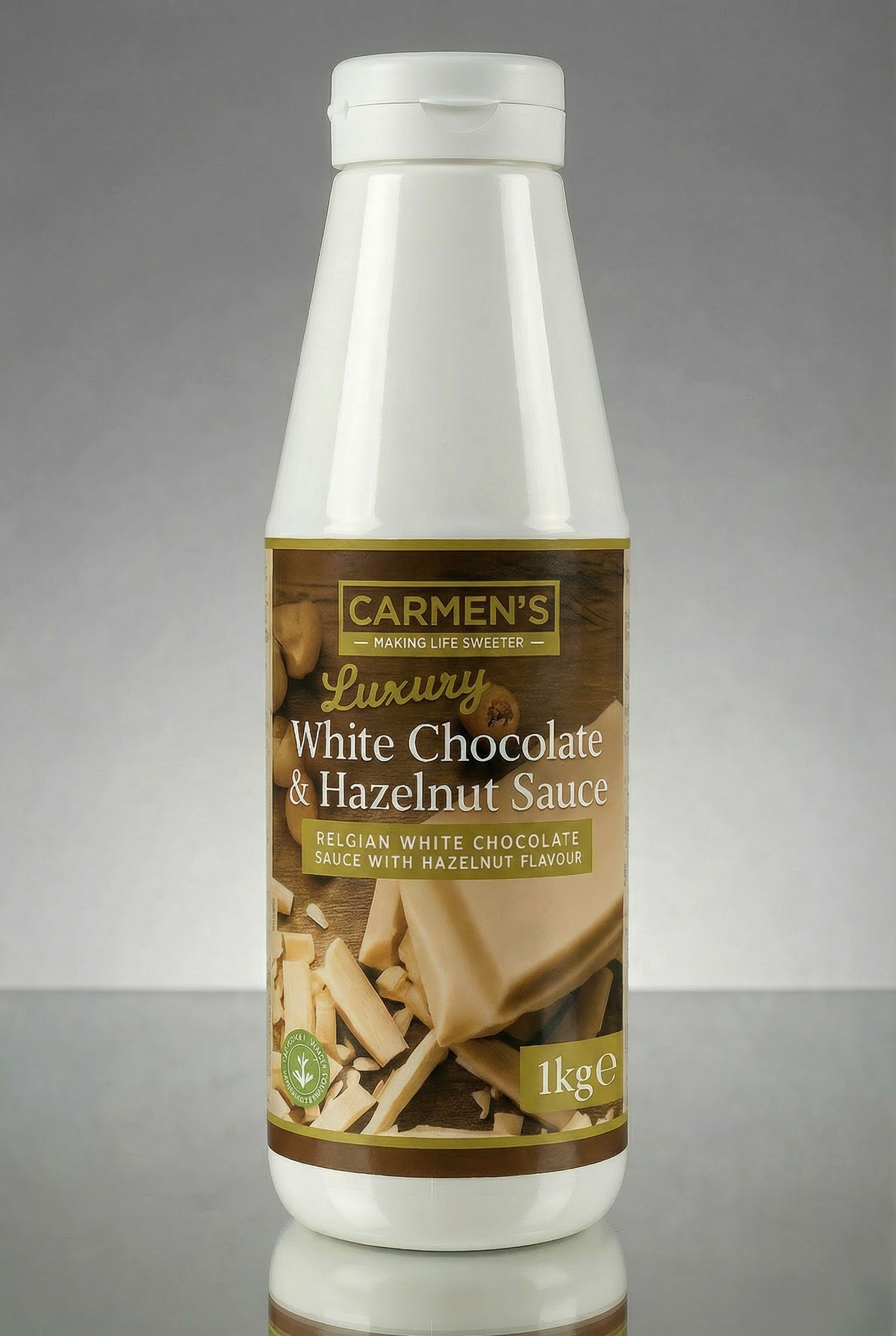 Carmen’s Luxury White Chocolate & Hazelnut Topping Sauce (Kinder Bueno) 1kg for professional use